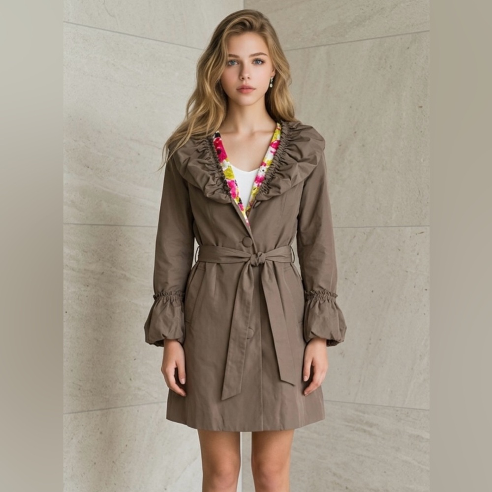 NWOT Per Una Greenish Ruffled Trench Coat with Tie Belt -lined